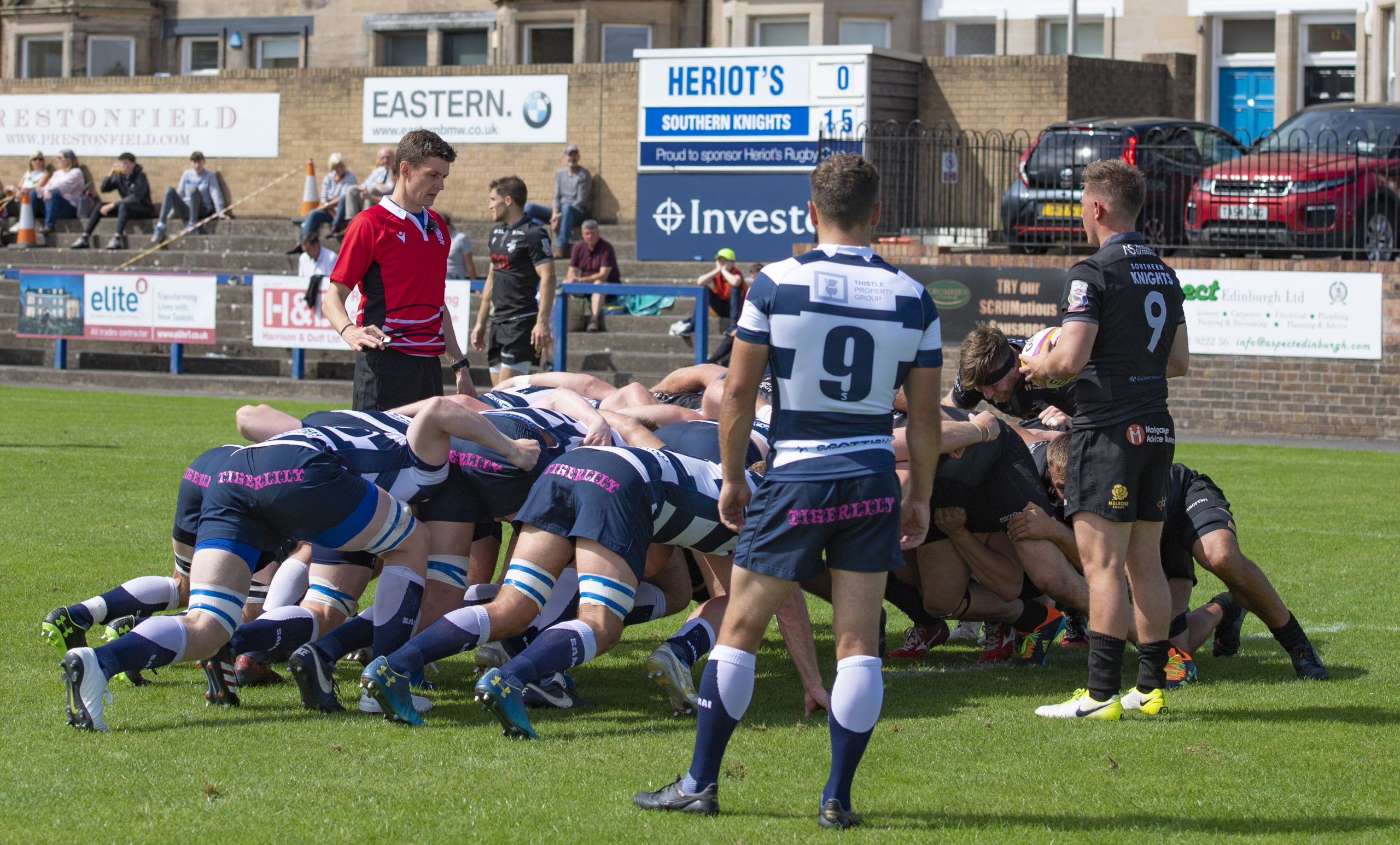EDINBURGH, SCOTLAND - AUGUST 08:A Scrum takes place during a FOSROC Super6 match between Heriot's and Southern Knights at Heriot's Rugby Club, on August 08, 2021, in Edinburgh, Scotland. (Photo by Paul Devlin / SNS Group)