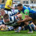 Heriots Ruairidh Leishman scores a try during the FOSROC Super 6 match between Heriot's Rugby and Boroughmuir Bears at Goldenacre, Edinburgh on 09/10/2021. (Photo: 39 Design Photography)