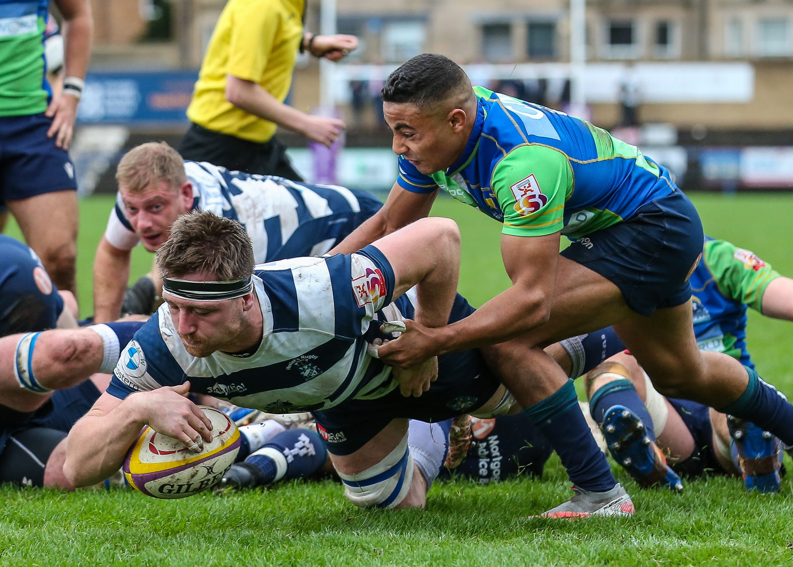Heriots Ruairidh Leishman scores a try during the FOSROC Super 6 match between Heriot's Rugby and Boroughmuir Bears at Goldenacre, Edinburgh on 09/10/2021. 

(Photo: 39 Design Photography)