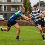 Heriots Ben Evans drives towards the line as Boroughmuirs Duncan Munn tries to make the tackle.FOSROC Super 6 match between Heriot's Rugby and Boroughmuir Bears at Goldenacre, Edinburgh on 09/10/2021. (Photo: 39 Design Photography)