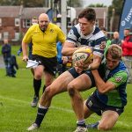 Boroughmuirs Duncan Munn tackles Heriots Ben Evans.FOSROC Super 6 match between Heriot's Rugby and Boroughmuir Bears at Goldenacre, Edinburgh on 09/10/2021. (Photo: 39 Design Photography)