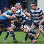 Heriots Jason Hill tackles Boroughmuirs Craig McKenzie. FOSROC Super 6 match between Heriot's Rugby and Boroughmuir Bears at Goldenacre, Edinburgh on 09/10/2021. (Photo: 39 Design Photography)
