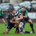 Boroughmuirs Craig Keddie and Boroughmuirs Craig McKenzie tackle Heriots Ruairidh Leishman. FOSROC Super 6 match between Heriot's Rugby and Boroughmuir Bears at Goldenacre, Edinburgh on 09/10/2021. (Photo: 39 Design Photography)