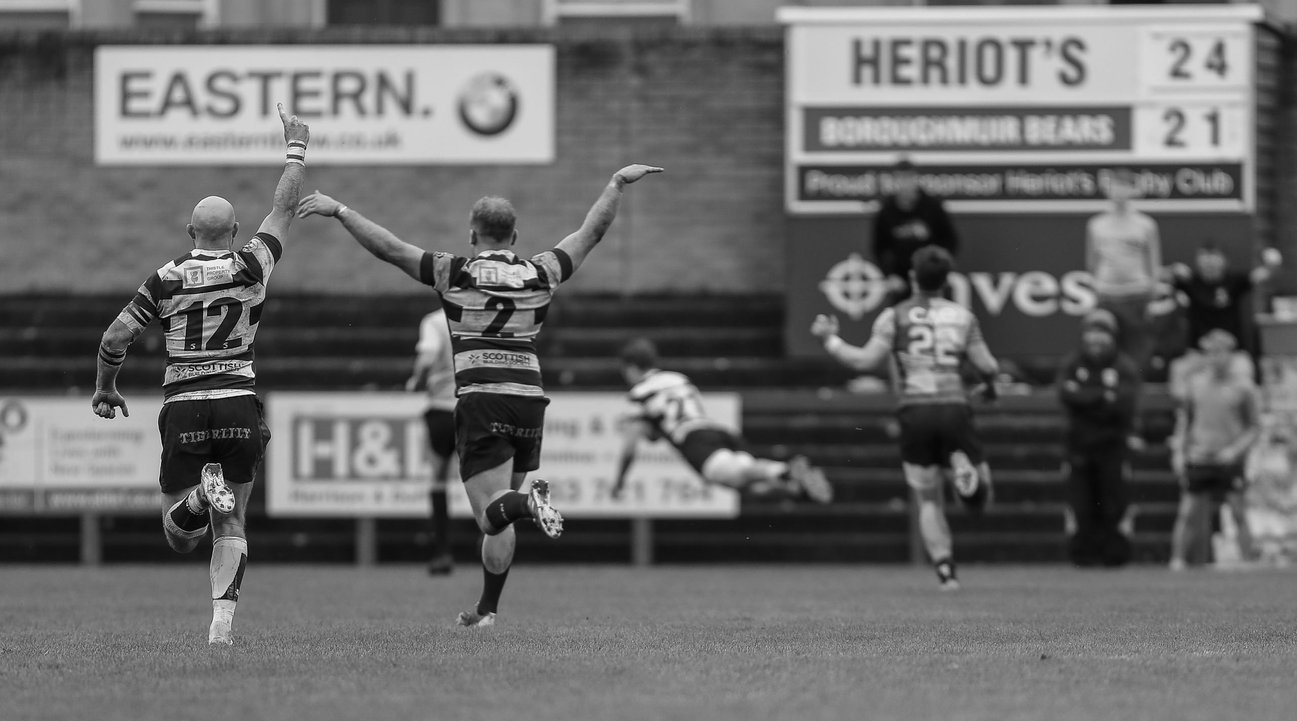 Heriots Stuart Edwards and Michael Liness  celebrate the decisive stay of the FOSROC Super 6 match between Heriot's Rugby and Boroughmuir Bears at Goldenacre, Edinburgh on 09/10/2021. 

(Photo: 39 Design Photography)